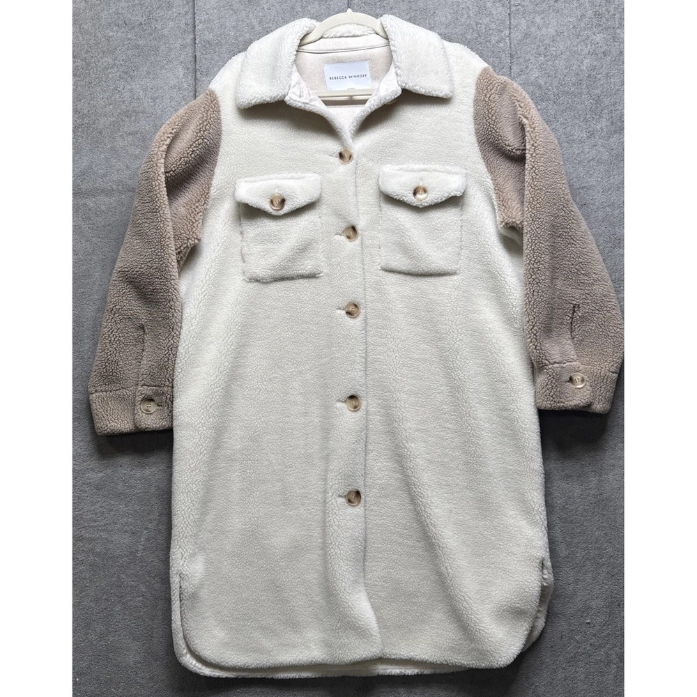 Rebecca Minkoff Plush Long Shirt Jacket Teddy Coat Shearling Colorblock L Beige